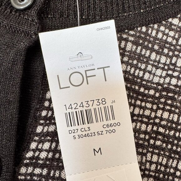 Loft Womens Medium Sweater Cardigan Gray Button 3/4 Sleeve Knit Plaid - Picture 6 of 8